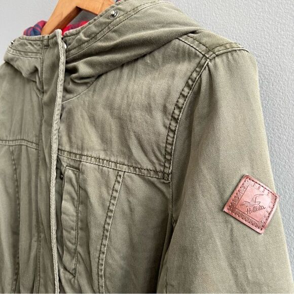 Hollister Olive Green Anorak Jacket Flannel-Lined Coat Small Red Plaid Lining - Picture 5 of 10